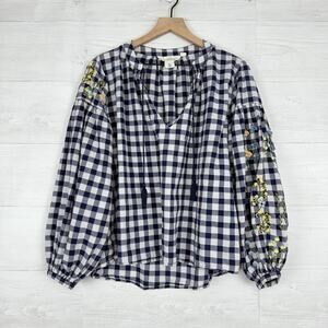 H&M Peasant Top Size 12 Checkered Blue Embroidered Balloon Sleeves Boho Blouse